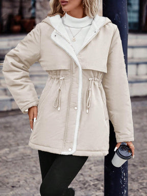 Drawstring Waist Teddy Lined Hooded Parka Coat