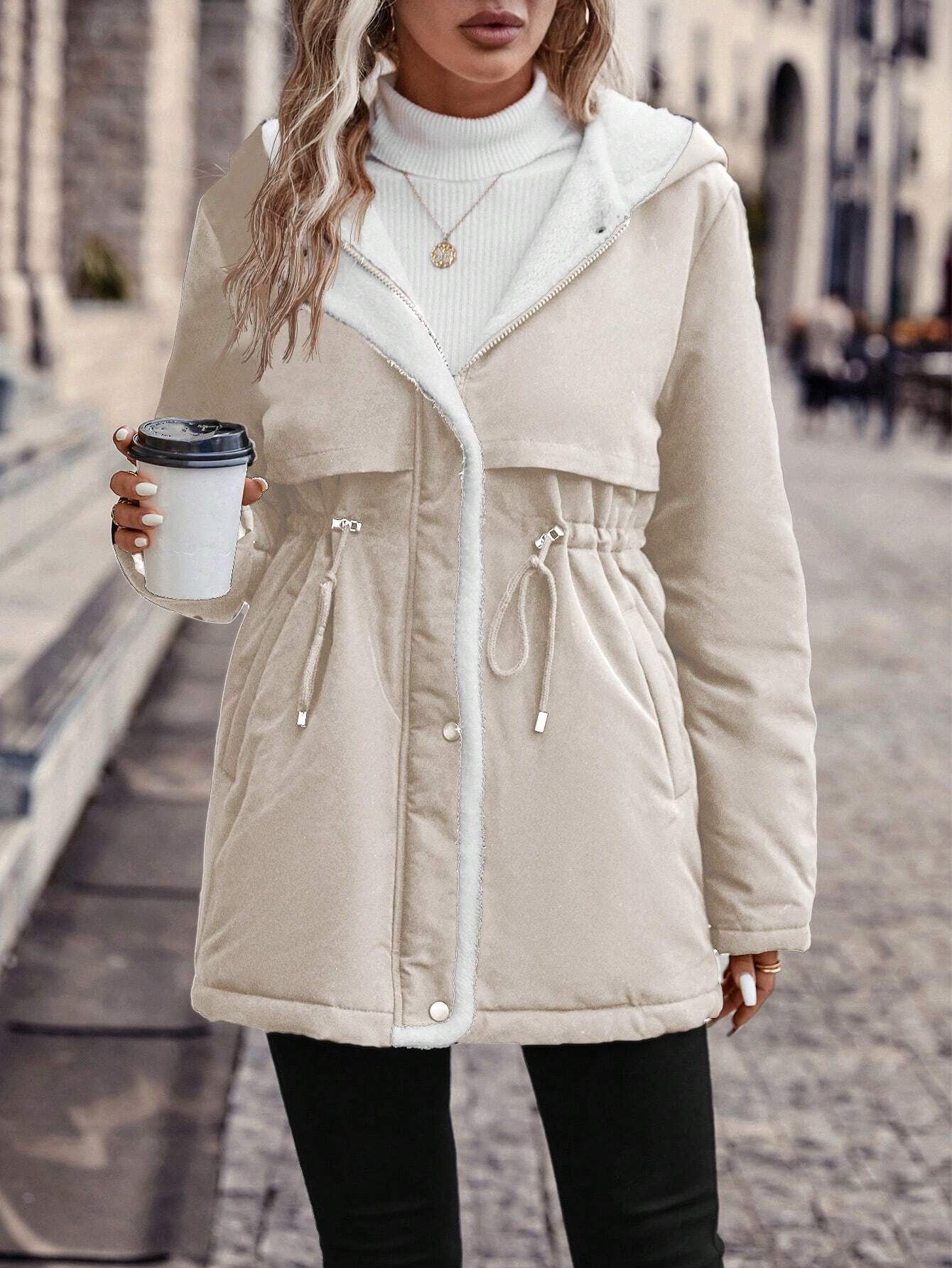 Drawstring Waist Teddy Lined Hooded Parka Coat