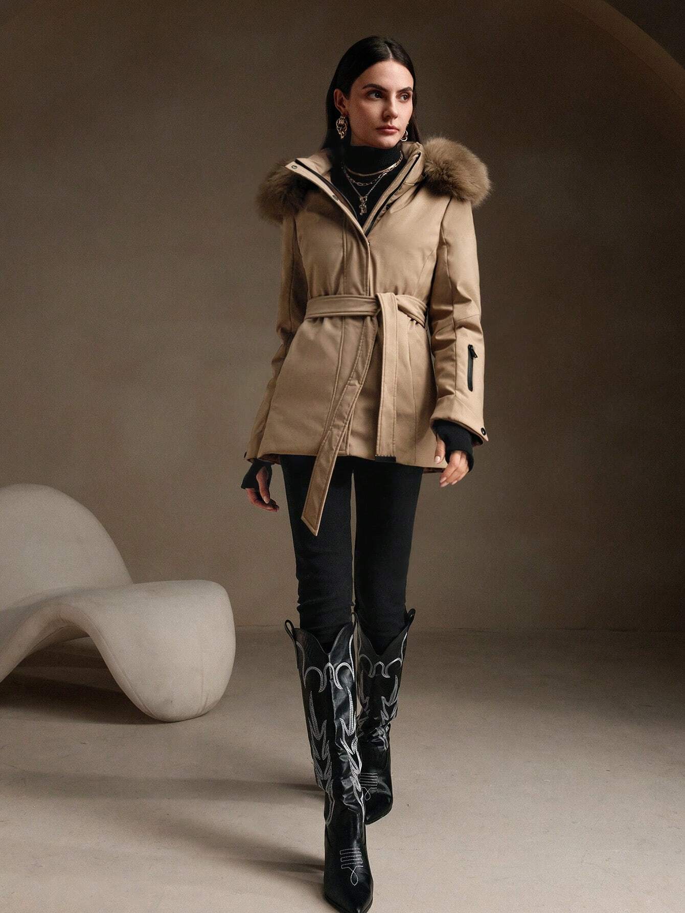 Detachable Thick Fur Collar Hooded Winter Padded Zip-Up Padded Coat