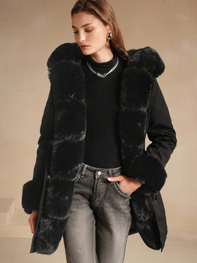 Thicker Long Fluffy Fluffy Hooded Cinched Waist Parka Coat With Thermal Lined