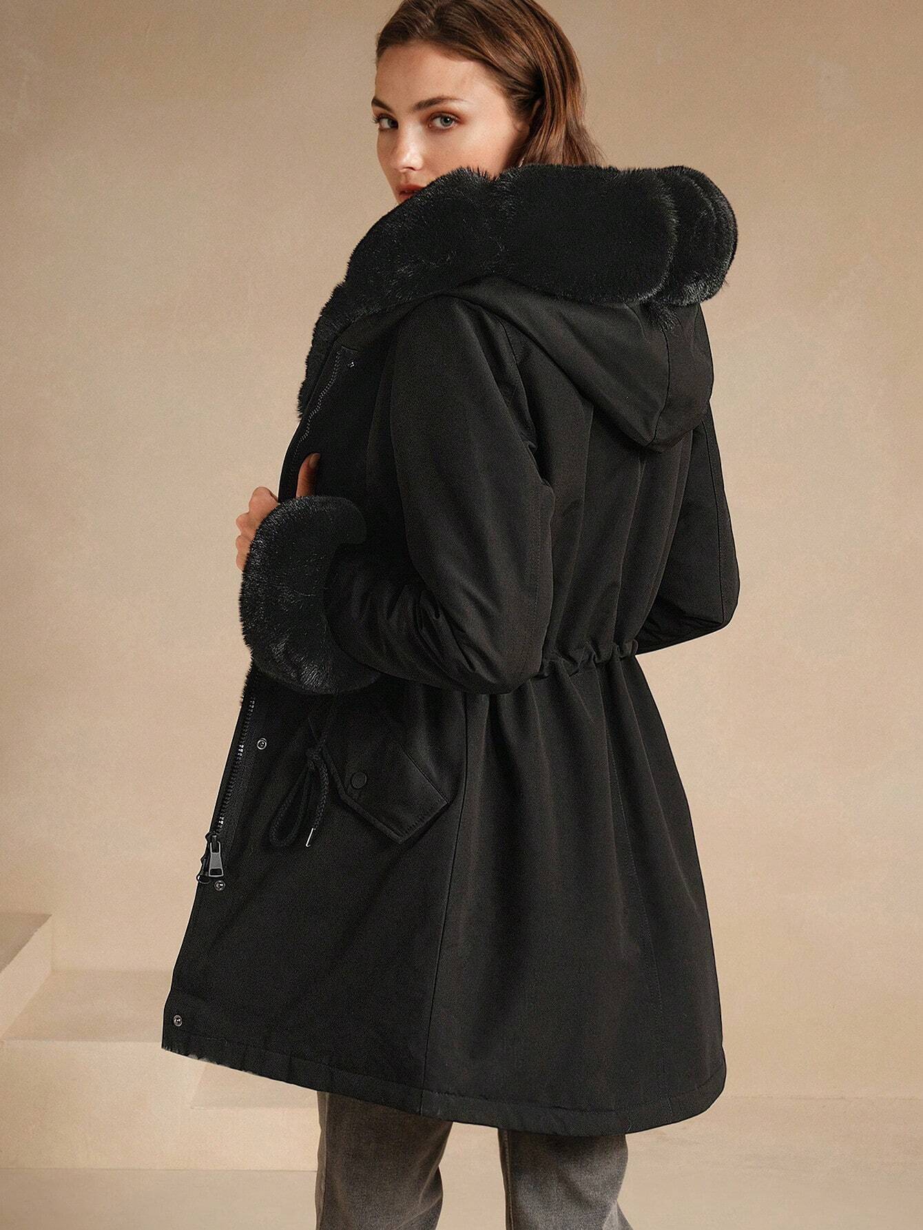 Thicker Long Fluffy Fluffy Hooded Cinched Waist Parka Coat With Thermal Lined