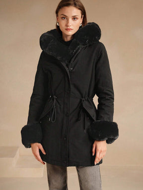 Thicker Long Fluffy Fluffy Hooded Cinched Waist Parka Coat With Thermal Lined