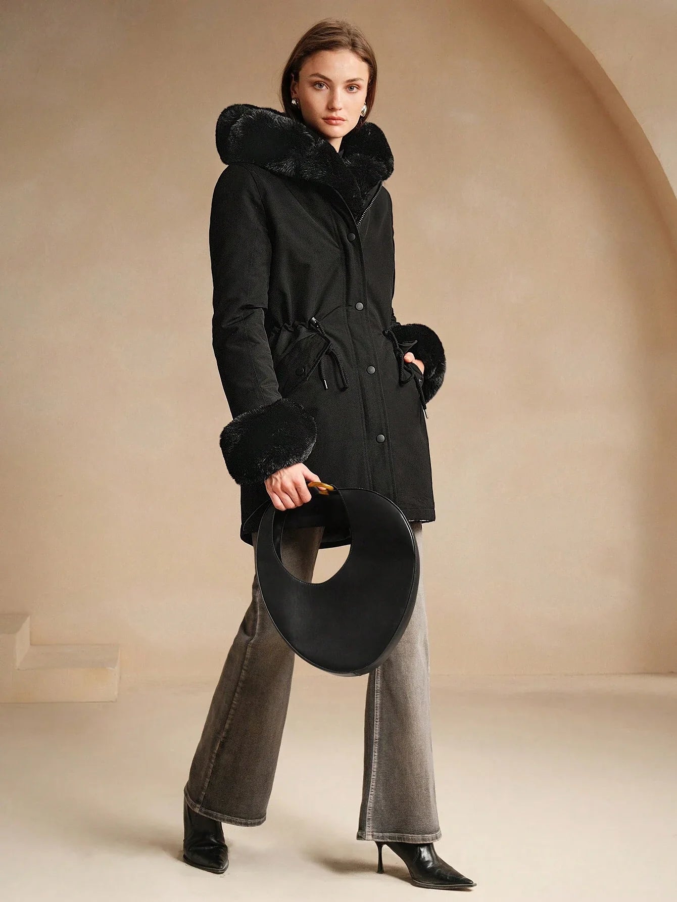 Thicker Long Fluffy Fluffy Hooded Cinched Waist Parka Coat With Thermal Lined