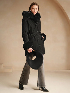 Thicker Long Fluffy Fluffy Hooded Cinched Waist Parka Coat With Thermal Lined