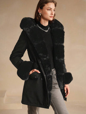 Thicker Long Fluffy Fluffy Hooded Cinched Waist Parka Coat With Thermal Lined