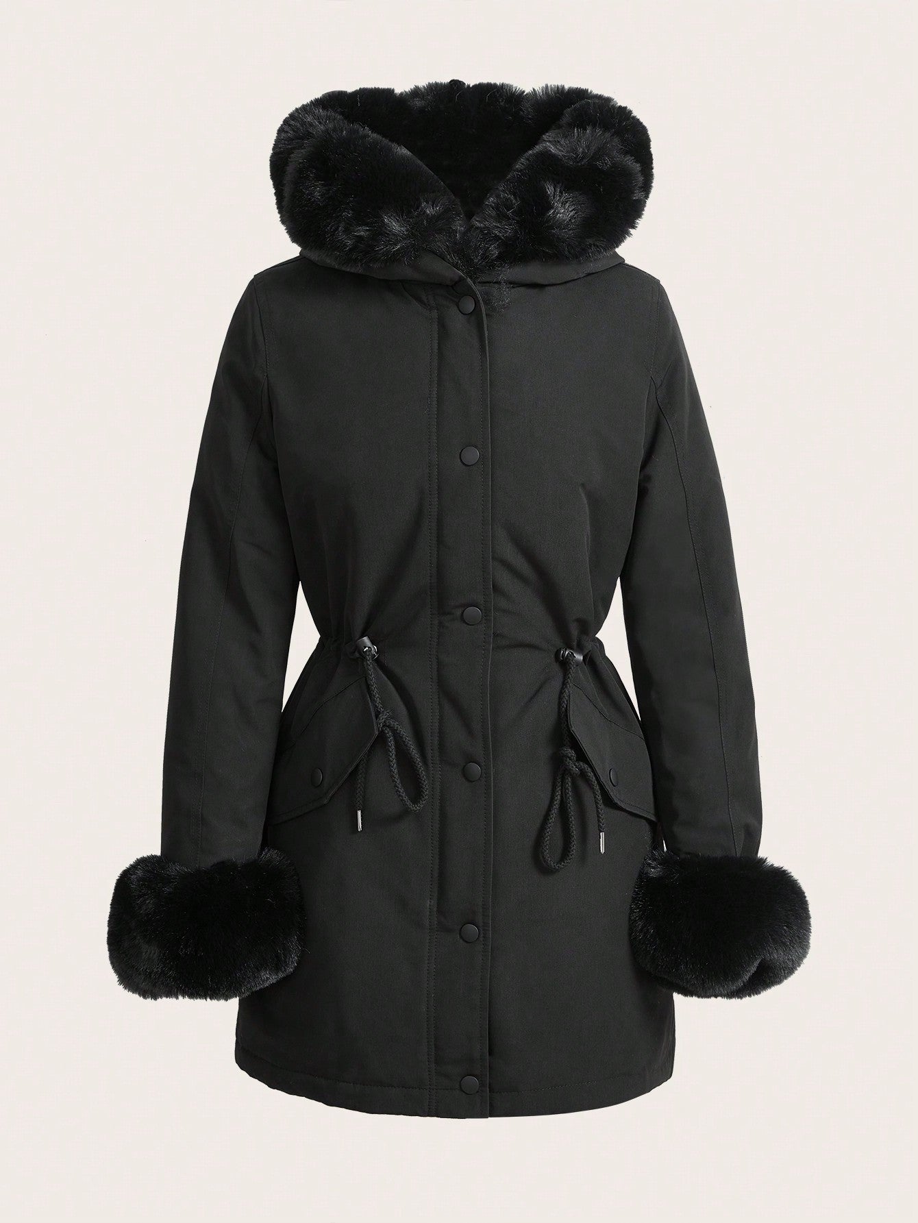 Thicker Long Fluffy Fluffy Hooded Cinched Waist Parka Coat With Thermal Lined