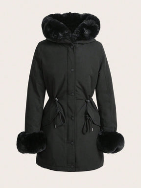 Thicker Long Fluffy Fluffy Hooded Cinched Waist Parka Coat With Thermal Lined