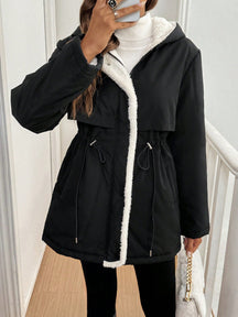 Drawstring Waist Teddy Lined Hooded Parka Coat