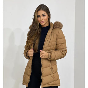 Women's Teddy-Lined Nylon Parka Coat with Removable Hood – Warm & Stylish